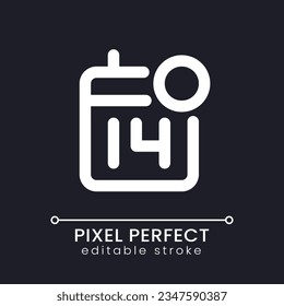 Símbolo de recordatorio de calendario icono de ui lineal blanco perfecto para el tema oscuro. Organizador de negocios. Pictograma de la línea del vector. Símbolo de interfaz de usuario aislado para el modo nocturno. Trazo editable. Fuente de Poppins utilizada