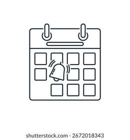 Calendario con recordatorio. Aviso de fecha límite o evento. Ilustración de ícono lineal de Vector aislado sobre fondo blanco.