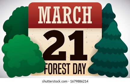 Calendar reminding at you the date for Forest Day celebration with various trees around it: March 21.