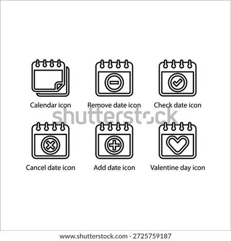 Calendar, Remove date, Check date, Cancel date, Add date, Valentine day, icon