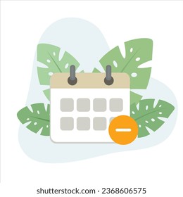 Calendar Remove flat design vector Illustration Icon decorated with leaves for web use for unavailable, schedule, appointment, deadline. 