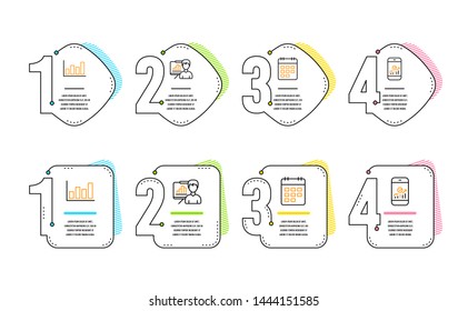 Calendar, Report diagram and Presentation board icons simple set. Smartphone statistics sign. Event reminder, Financial market, Growth chart. Mobile business. Education set. Infographic timeline