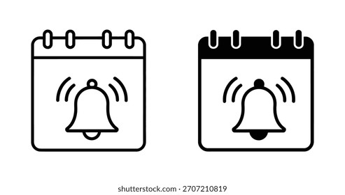 Calendario con icono de línea de timbre. Recordatorio, notificación, anillo, timbre, jingle, tono de llamada, mensaje, despertador. Concepto de sonido. Icono de Vector en línea, estilo negro y colorido sobre fondo blanco