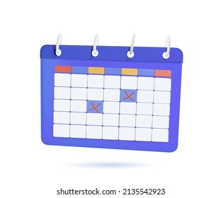 Calendar with rings and marked date. Time management, planning concept. 3d vector icon. Cartoon minimal style. Calendar icon and red crosses. Mark the date, holiday, important day concepts. 3D vector