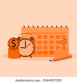 Calendario, gráfico ascendente e icono de moneda de dólar interior. Ideal para presentaciones de negocios, Sitios web de empresa, ilustración de horario de reuniones de negocios. en estilo plano. eps 3