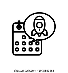 Calendario con iconos de contorno de cohete. Ilustración vectorial. Trazo editable. Icono aislado adecuado para web, infografías, interfaz y aplicaciones.