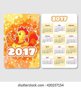 Calendar with rooster - symbol of the 2017 year. Week Starts Monday. Funny cartoon character. Vector calendar template vertical orientation. 