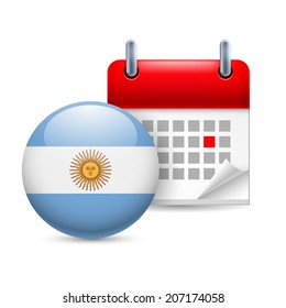 Calendar and round Argentinian flag icon. National holiday in Argentina