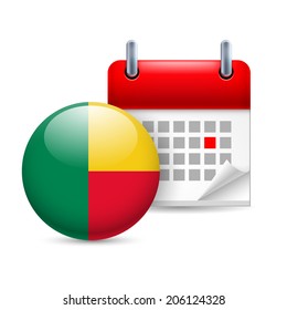 Calendar and round Beninois flag icon. National holiday in Benin
