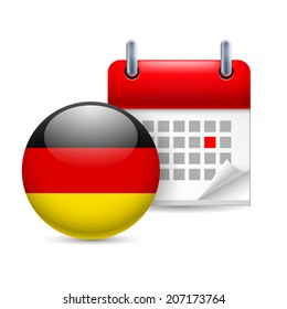 Calendar and round German flag icon. National holiday in Germany