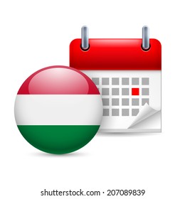 Calendar and round Hungarian flag icon. National holiday in Hungary