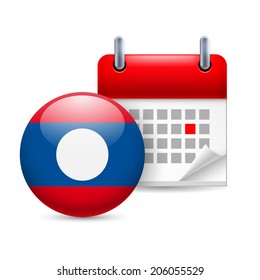 Calendar and round Laotian flag icon. National holiday in Laos