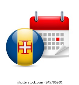 Calendar and round Madeira flag icon. National holiday in Madeira