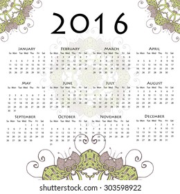 Calendar round mandala for 2016 on white background. Vector EPS10.