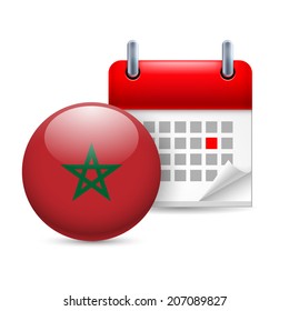 Calendar and round Moroccan flag icon. National holiday in Morocco