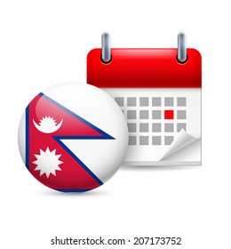 Calendar and round Nepalese flag icon. National holiday in Nepal