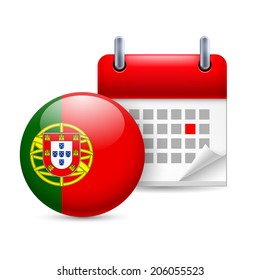 Calendar and round Portuguese flag icon. National holiday in Portugal