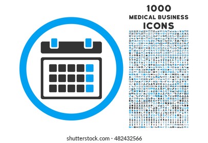 Calendar rounded vector bicolor icon with 1000 medical business icons. Set style is flat pictograms, blue and gray colors, white background.