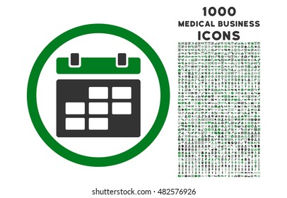 Calendar rounded vector bicolor icon with 1000 medical business icons. Set style is flat pictograms, green and gray colors, white background.