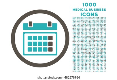 Calendar rounded vector bicolor icon with 1000 medical business icons. Set style is flat pictograms, grey and cyan colors, white background.