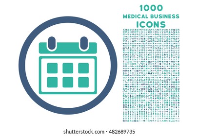Calendar rounded vector bicolor icon with 1000 medical business icons. Set style is flat pictograms, cobalt and cyan colors, white background.