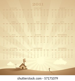 calendar with a rural landscape scene in background,vector illustration