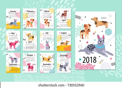 Calendar sample 2018 animal, pages with months and with dogs images on them with abstract pattern vector illustration isolated on blue background