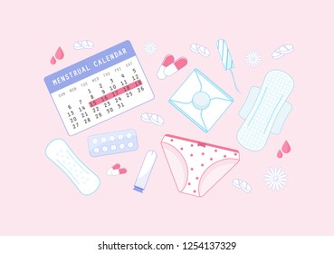Calendar with sanitary napkins, tampons, pants, tablets, flowers. Illustration for first period, feminine hygiene, medicine. Menstruation theme background. Colored flat icons, vector design.