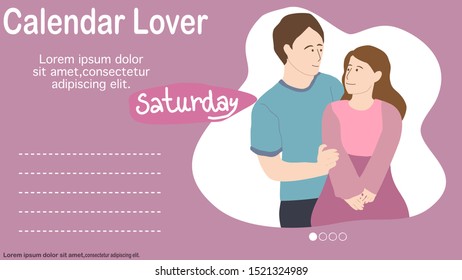 Calendar of saturday with lover couple characters set style, cute Asia, for banner, infographic, design for ui, ux, website or publisher, flat vector, easy to adjust color.