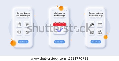 Calendar, Savings and Bitcoin system line icons pack. 3d phone mockups with calendar. Glass smartphone screen. Clipboard, Checklist, Shopping web icon. Payment, Teacher pictogram. Vector