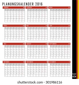 Calendar to schedule 2016. Daily sells for planing and space for notes. CMYK Color ready for Press. Inscription means Planing Calendar 2016 in German. 