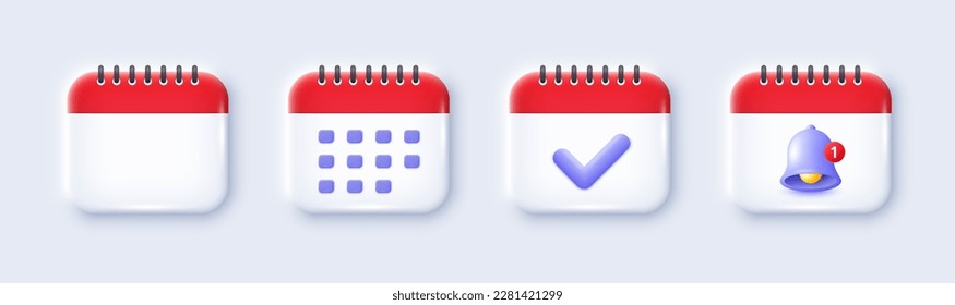 Iconos 3d del programa de calendario. Señales del planificador de fechas establecidas. Recordatorio de evento, icono de notificación del organizador del calendario. Calendario de reuniones, alerta de día de cita, fecha de evento. Calendario, plan aprobado. Vector