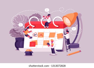 Calendar schedule board with collaboration plan and stickers . Business team planning scheduling work. People make up plan timeline together. Daily routine vector illustration. Teamwork concept