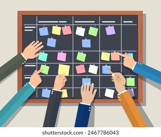 Calendar schedule board with collaboration plan. Company business team working together planning and scheduling their operations. Vector illustration in flat style