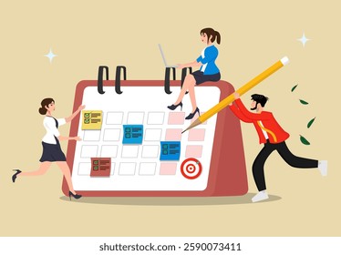  Calendar schedule, business planning concept, event or meeting reminder, date time planning, work deadline or appointment, vector cartoon illustration of a group of people.
