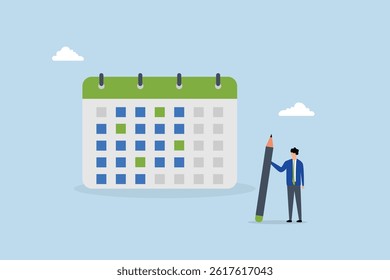 Calendar schedule, businessman hold pencil thinking with calendar schedule plan.