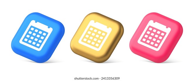 Calendar schedule button agenda event appointment reminder 3d realistic blue gold and pink icons. Date planner organizer holiday day annual important event holiday to do list web