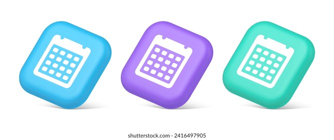 Calendar schedule button agenda event appointment reminder 3d realistic blue purple and green icons. Date planner organizer holiday day annual important event holiday to do list web