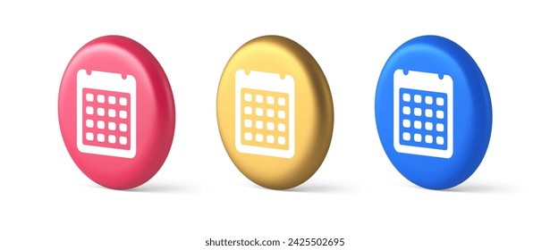 Calendar schedule button agenda event appointment reminder 3d realistic blue gold and pink icons. Date planner organizer holiday day annual important event holiday to do list web