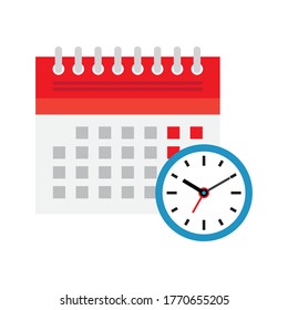 Calendar schedule and clock icon. Organizer, timesheet, time management, important date concept. Isolated on white background. Vector Illustration