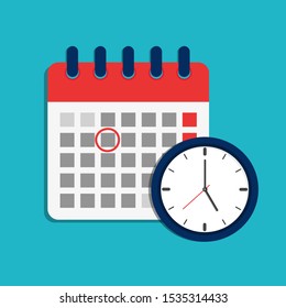 Calendar schedule and clock icon. Time appointment, reminder date concept. Flat organizer, timesheet, time management with alarm clock. Calendar and timer for business, school, event, holiday. vector