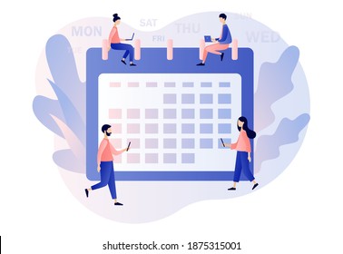 Calendar and schedule concept. Tiny people and time management, business planning, timetable. Modern flat cartoon style. Vector illustration on white background