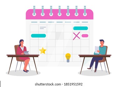 Calendar schedule concept web infographics vector illustration. Business people and big schedule. Office workers make a weekly schedule, mark in plan. Time management, business planning concept