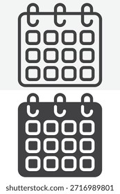 Icono de fecha de programación del calendario establecido en un estilo diferente. Versiones de contorno de línea e icono sólido. Signo y Vector de trazo editables. Icono de calendario para la interfaz de usuario de planificación y eventos.