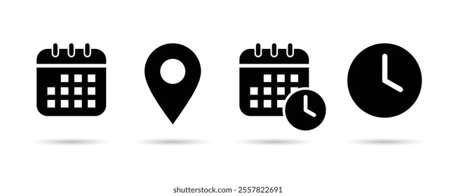 Calendar schedule date, location, and time icon set. Vector illustration
