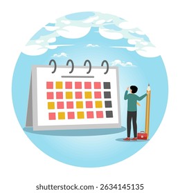 Calendar schedule, due date organizer weekly review concept. Businessman hold pencil thinking with calendar schedule plan.