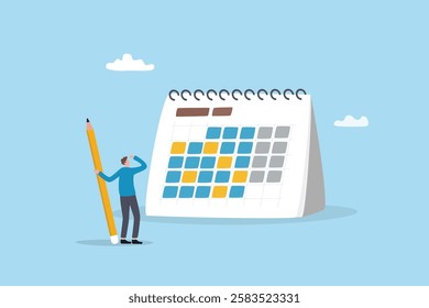 Calendar schedule, event or meeting reminder, date time planning, work deadline or appointment, due date organizer weekly review concept, businessman hold pencil thinking with calendar schedule plan.