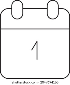 Calendar. Schedule. First day. One. Start. Time management. Minimalistic vector art illustration. Black and white. White background. One line drawing.