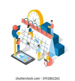 
Calendar schedule flat 3d isometry isometric concept web infographics vector illustration. People and paper month calendar. 