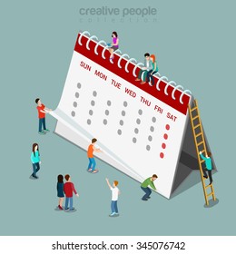 Calendar schedule flat 3d isometry isometric concept web infographics vector illustration. Micro casual people and big paper abstract month calendar sheets on spring. Creative people collection.